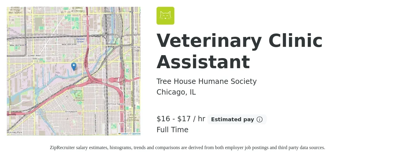 Tree House Humane Society job posting for a Veterinary Clinic Assistant in Chicago, IL with a salary of $17 to $19 Hourly with a map of Chicago location.