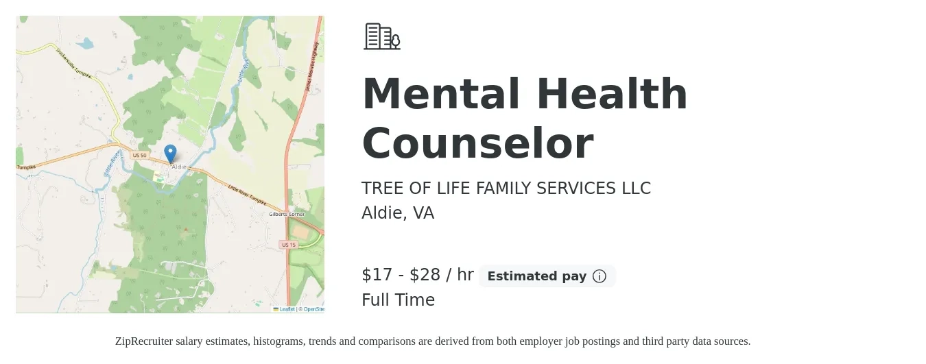 TREE OF LIFE FAMILY SERVICES LLC job posting for a Mental Health Counselor in Aldie, VA with a salary of $18 to $30 Hourly with a map of Aldie location.