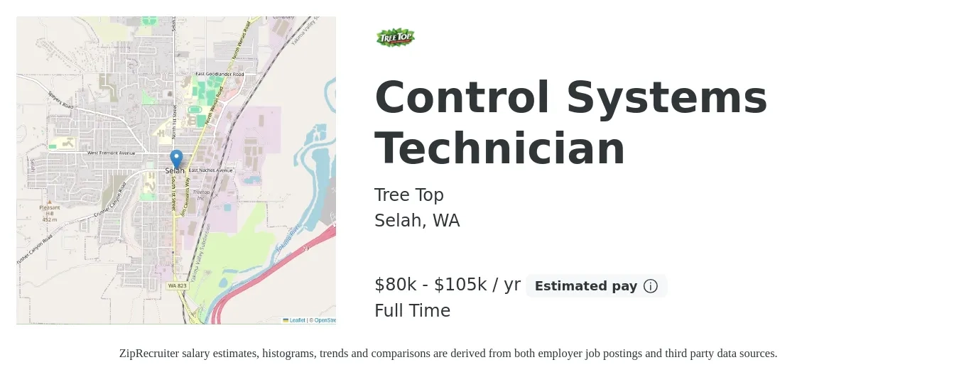 Tree Top job posting for a Control Systems Technician in Selah, WA with a salary of $80,000 to $105,000 Yearly with a map of Selah location.