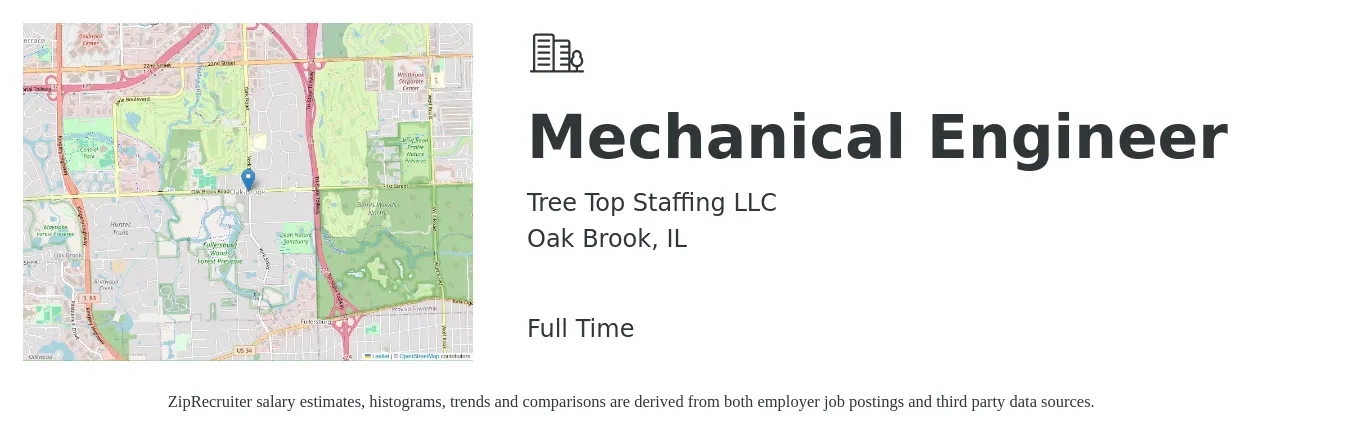 Tree Top Staffing LLC job posting for a Mechanical Engineer in Oak Brook, IL with a salary of $82,300 to $127,800 Yearly with a map of Oak Brook location.