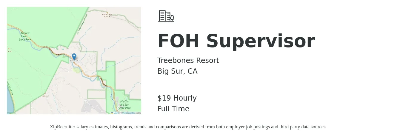 Treebones Resort job posting for a FOH Supervisor in Big Sur, CA with a salary of $20 Hourly with a map of Big Sur location.