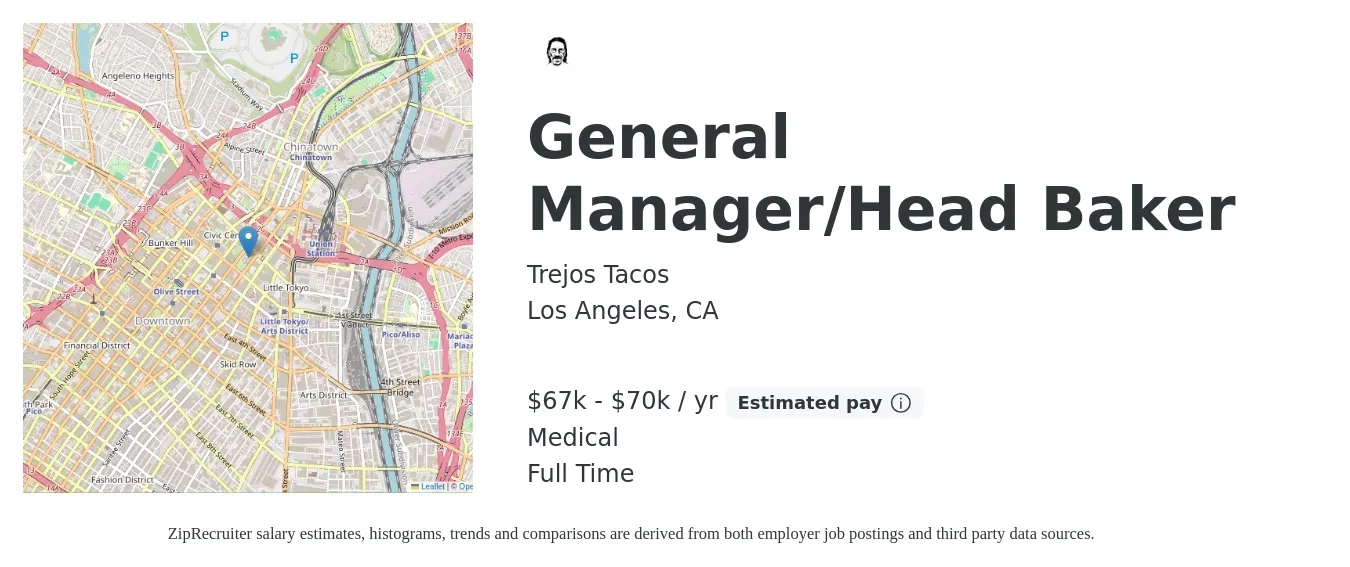 Trejos Tacos job posting for a General Manager/Head Baker in Los Angeles, CA with a salary of $67,000 to $70,000 Yearly and benefits including medical, and pto with a map of Los Angeles location.