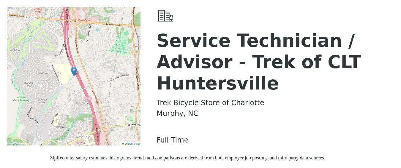Trek Bicycle Store of Charlotte job posting for a Service Technician / Advisor - Trek of CLT Huntersville in Murphy, NC with a salary of $16 to $18 Hourly with a map of Murphy location.