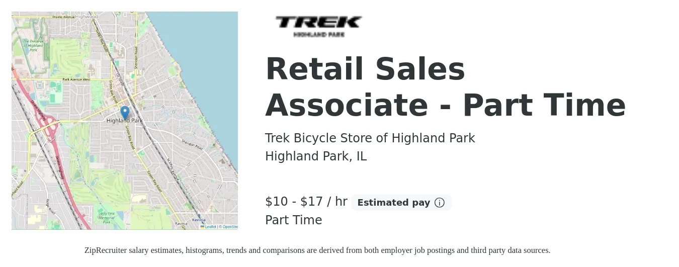 Trek Bicycle Store of Highland Park job posting for a Retail Sales Associate - Part Time in Highland Park, IL with a salary of $11 to $18 Hourly with a map of Highland Park location.