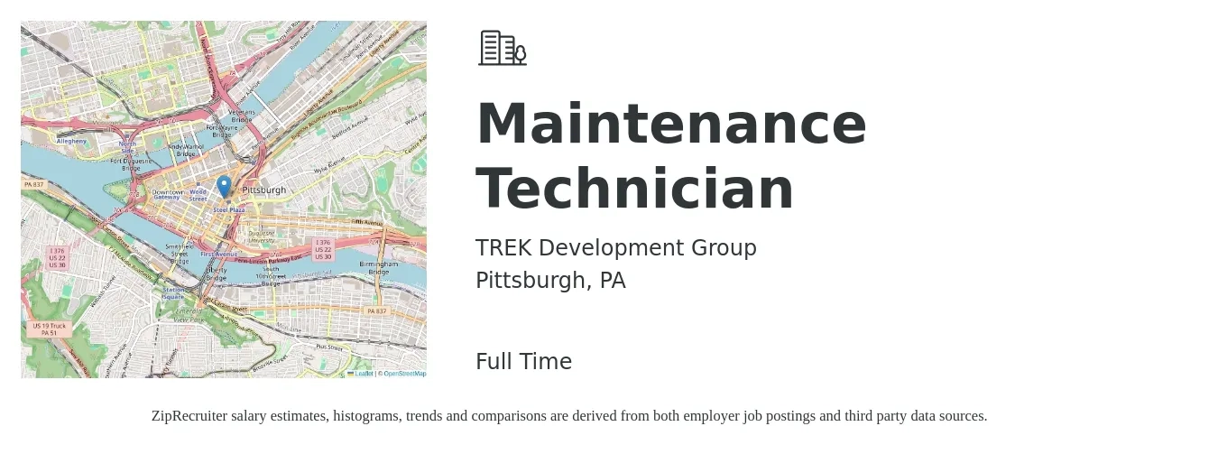 TREK Development Group job posting for a Maintenance Technician in Pittsburgh, PA with a salary of $19 to $26 Hourly with a map of Pittsburgh location.