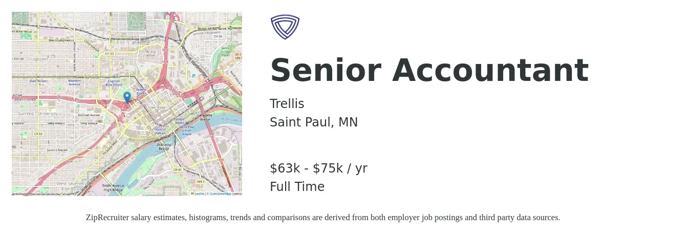 Trellis job posting for a Senior Accountant in Saint Paul, MN with a salary of $63,000 to $75,000 Yearly with a map of Saint Paul location.