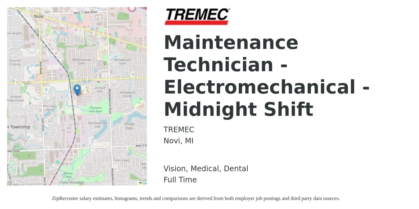 TREMEC job posting for a Maintenance Technician - Electromechanical - Midnight Shift in Novi, MI with a salary of $22 to $28 Hourly and benefits including dental, life_insurance, medical, retirement, and vision with a map of Novi location.