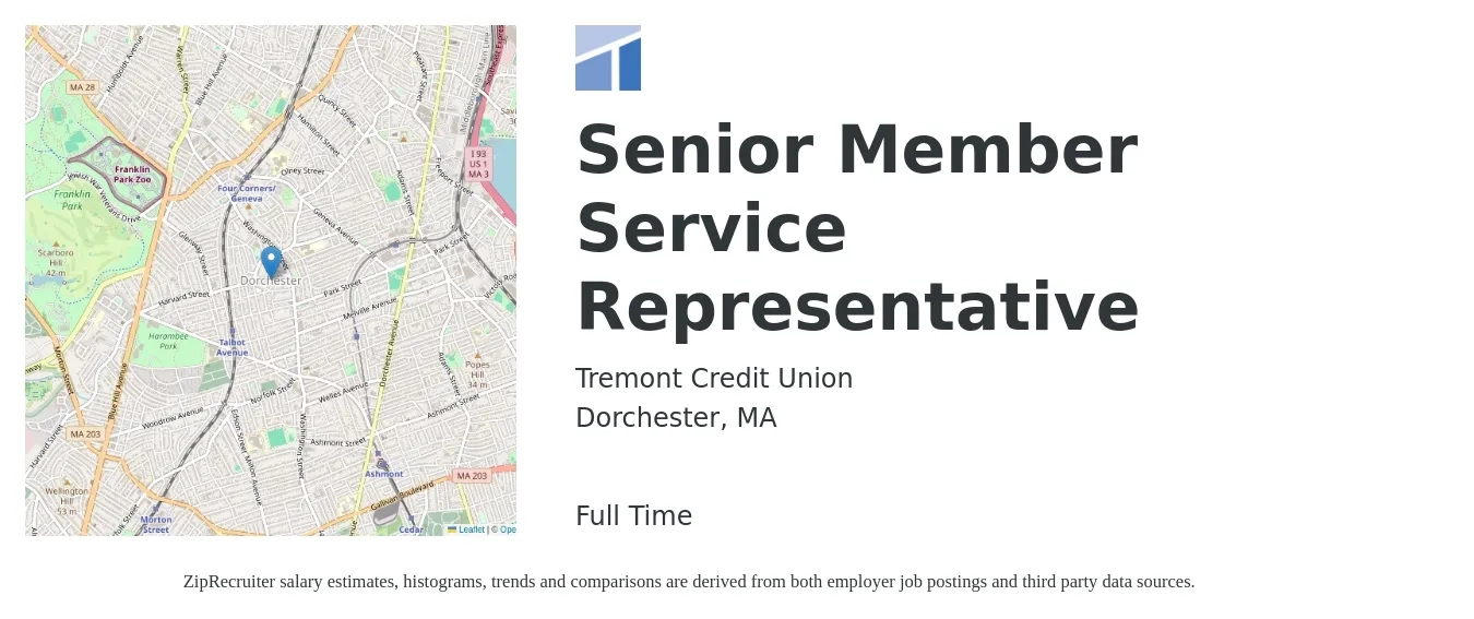 Tremont Credit Union job posting for a Senior Member Service Representative in Dorchester, MA with a salary of $20 to $31 Hourly with a map of Dorchester location.