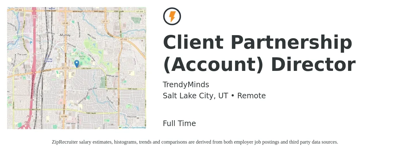 TrendyMinds job posting for a Client Partnership (Account) Director in Salt Lake City, UT with a salary of $91,900 to $118,500 Yearly with a map of Salt Lake City location.