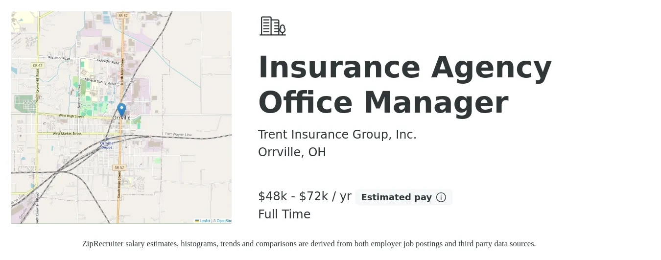 Trent Insurance Group, Inc. job posting for a Insurance Agency Office Manager in Orrville, OH with a salary of $48,000 to $72,000 Yearly with a map of Orrville location.
