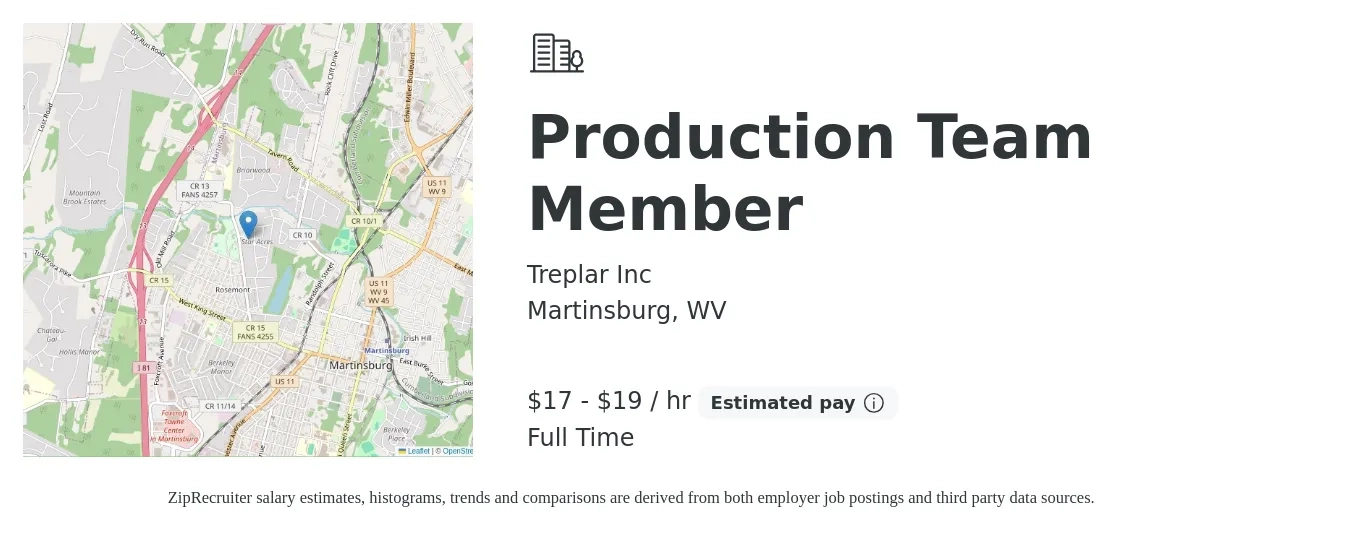 Treplar Inc job posting for a Production Team Member in Martinsburg, WV with a salary of $18 to $20 Hourly with a map of Martinsburg location.