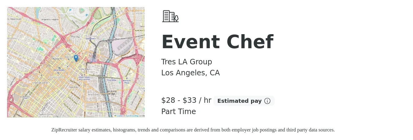Tres LA Group job posting for a Event Chef in Los Angeles, CA with a salary of $30 to $35 Hourly with a map of Los Angeles location.