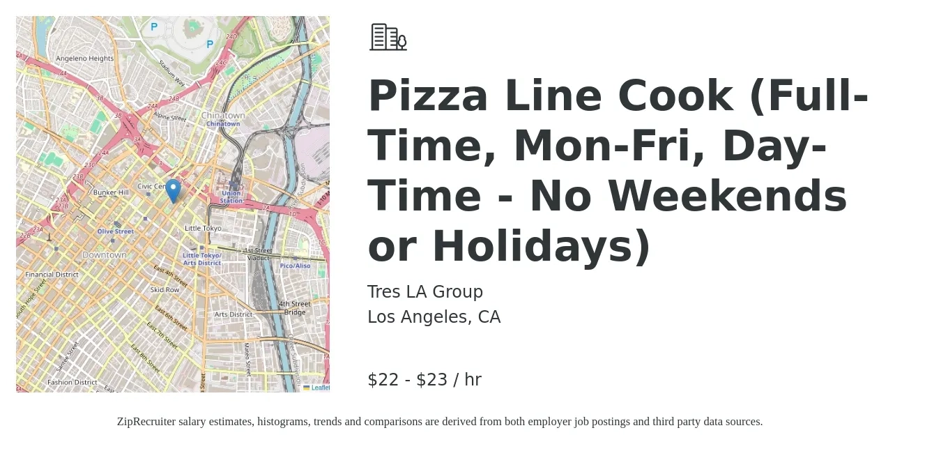 Tres LA Group job posting for a Pizza Line Cook (Full-Time, Mon-Fri, Day-Time - No Weekends or Holidays) in Los Angeles, CA with a salary of $23 to $24 Hourly with a map of Los Angeles location.