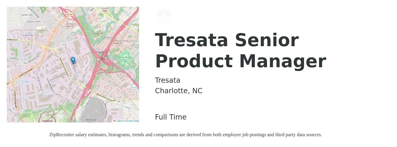 Tresata job posting for a Tresata Senior Product Manager in Charlotte, NC with a salary of $123,600 to $163,100 Yearly with a map of Charlotte location.