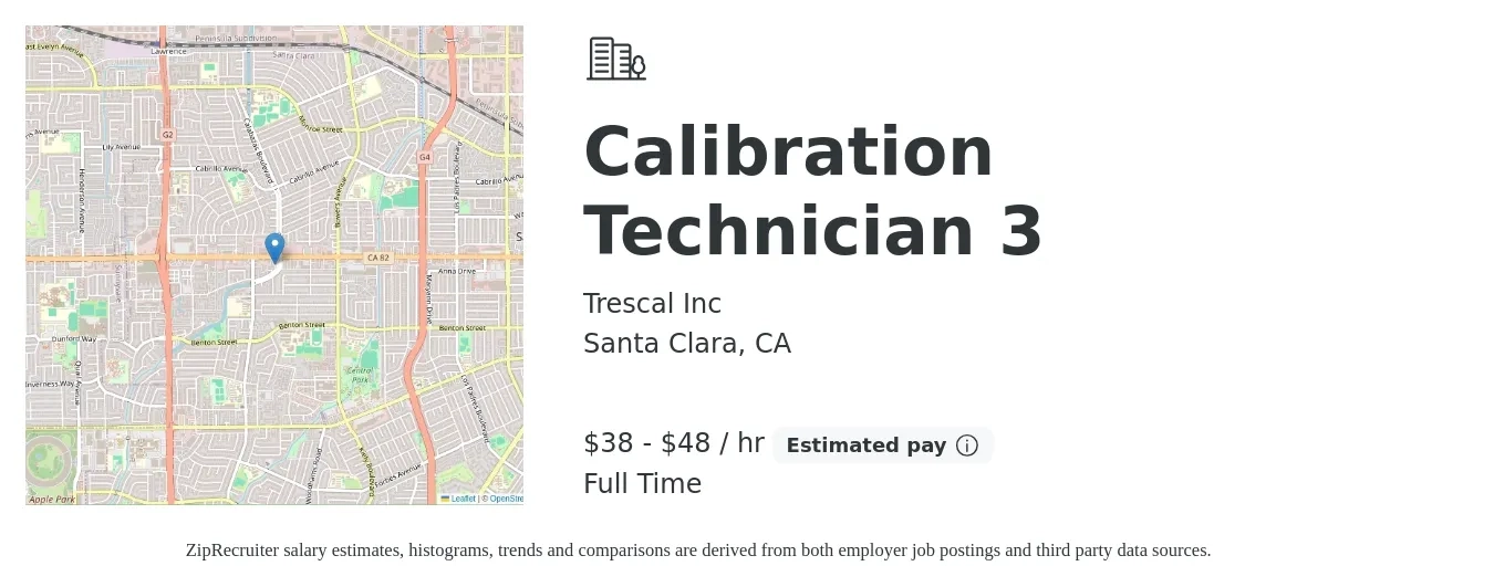 Trescal Inc job posting for a Calibration Technician 3 in Santa Clara, CA with a salary of $40 to $50 Hourly with a map of Santa Clara location.