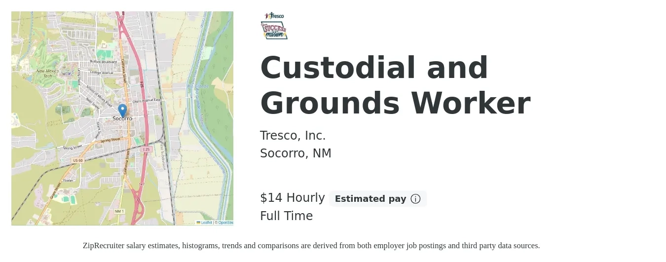 Tresco, Inc. job posting for a Custodial and Grounds Worker in Socorro, NM with a salary of $15 Hourly with a map of Socorro location.