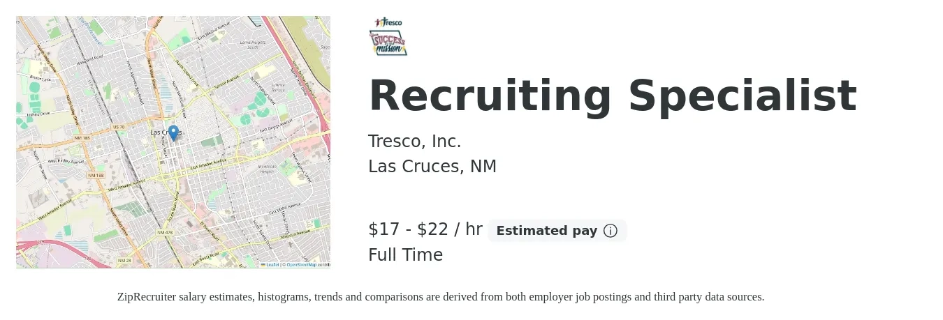 Tresco, Inc. job posting for a Recruiting Specialist in Las Cruces, NM with a salary of $18 to $23 Hourly with a map of Las Cruces location.