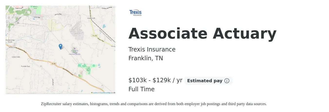 Trexis Insurance job posting for a Associate Actuary in Franklin, TN with a salary of $103,231 to $129,043 Yearly with a map of Franklin location.