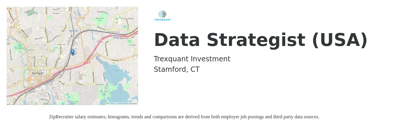 Trexquant Investment job posting for a Data Strategist (USA) in Stamford, CT with a salary of $129,600 to $167,400 Yearly with a map of Stamford location.