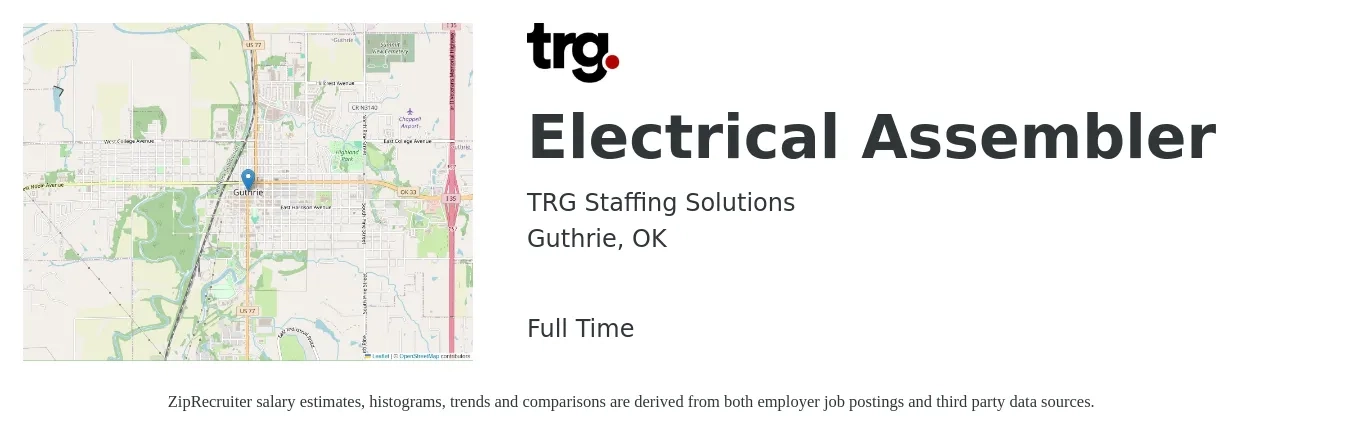 TRG Staffing Solutions job posting for a Electrical Assembler in Guthrie, OK with a salary of $13 to $17 Hourly with a map of Guthrie location.