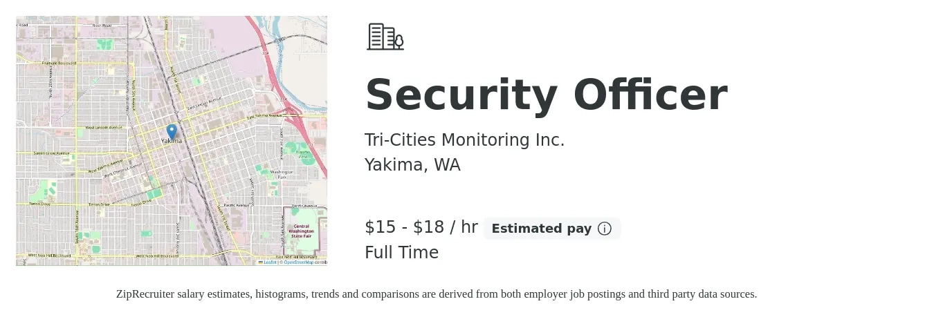 Tri-Cities Monitoring Inc. job posting for a Security Officer in Yakima, WA with a salary of $16 to $19 Hourly with a map of Yakima location.