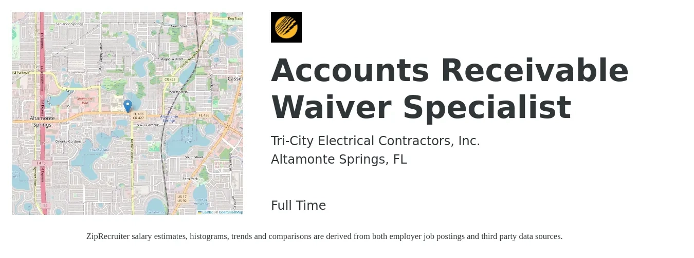 Tri-City Electrical Contractors, Inc. job posting for a Accounts Receivable Waiver Specialist in Altamonte Springs, FL with a salary of $15 to $25 Hourly with a map of Altamonte Springs location.