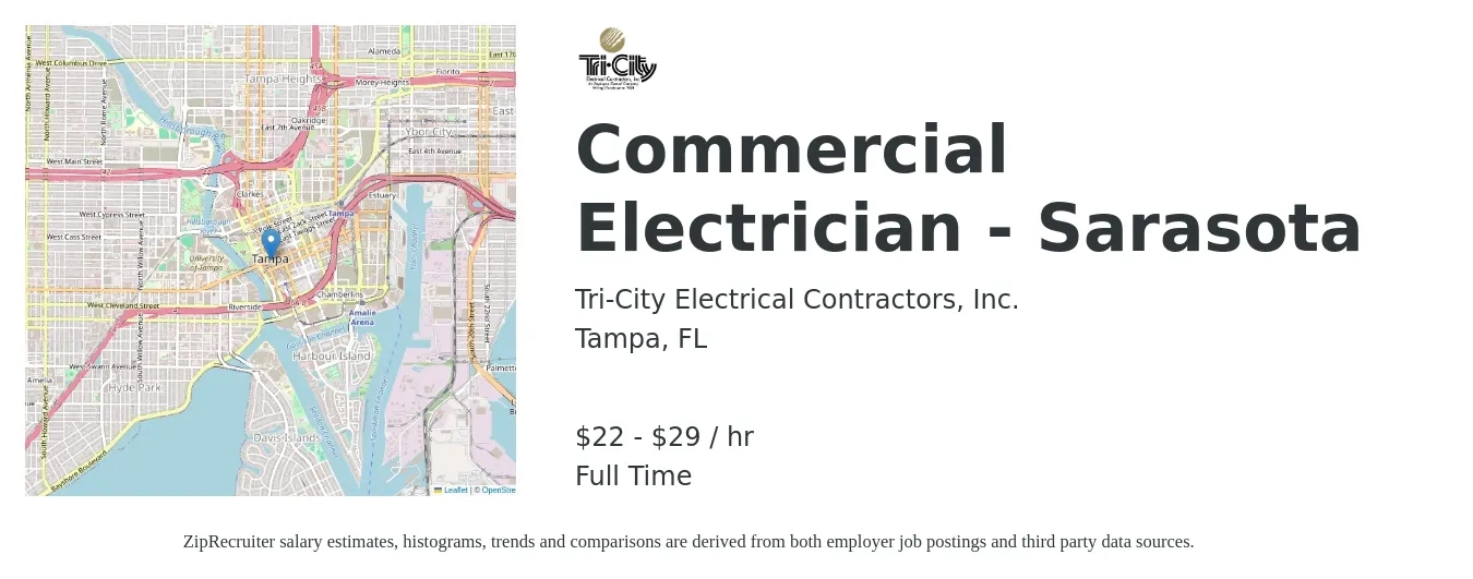 Tri-City Electrical Contractors, Inc. job posting for a Commercial Electrician - Sarasota in Tampa, FL with a salary of $23 to $31 Hourly with a map of Tampa location.