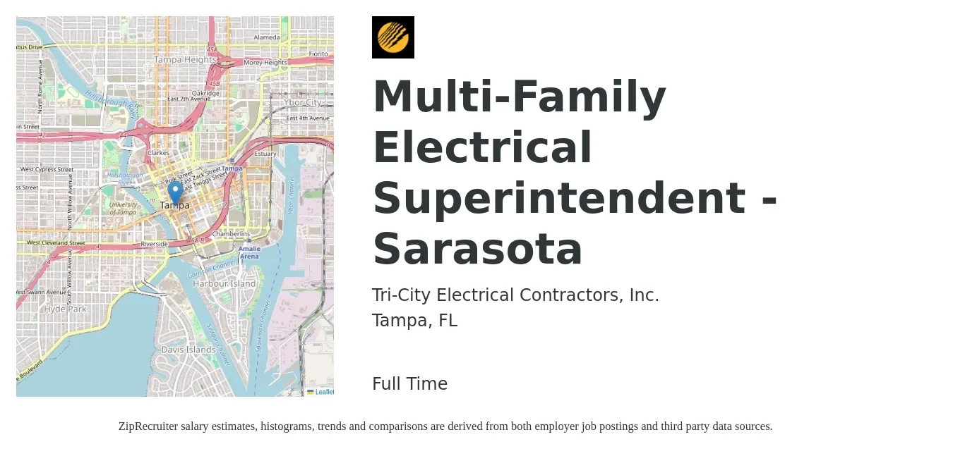 Tri-City Electrical Contractors, Inc. job posting for a Multi-Family Electrical Superintendent - Sarasota in Tampa, FL with a salary of $35 to $42 Hourly with a map of Tampa location.