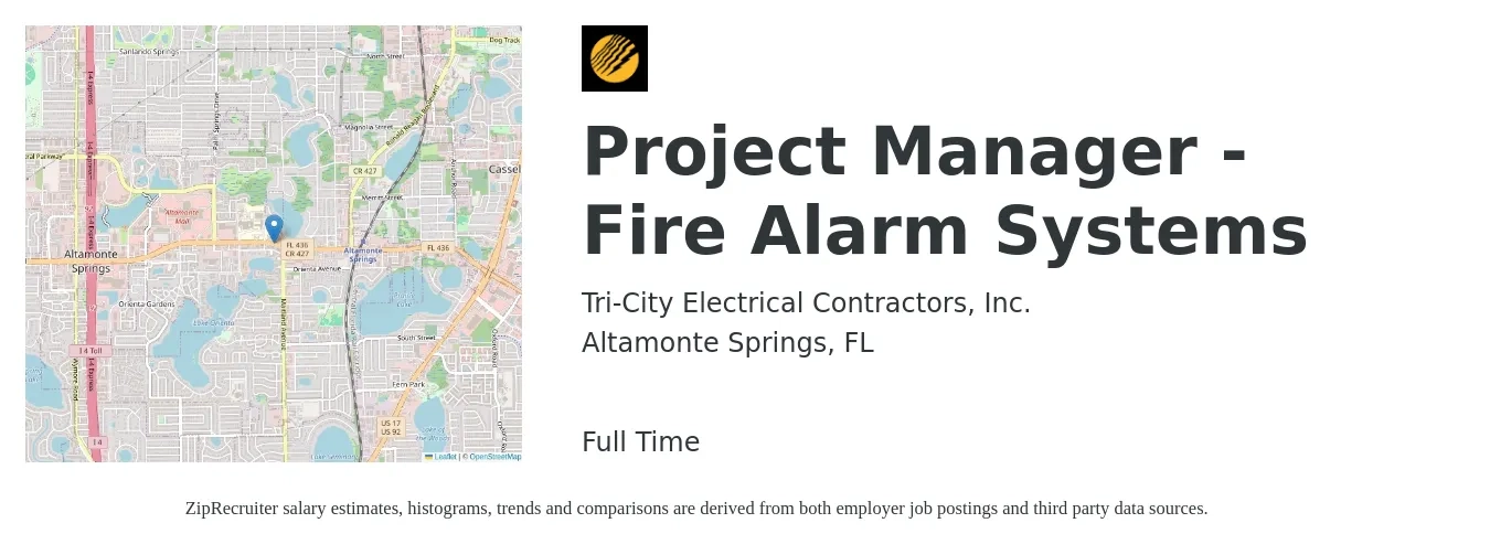 Tri-City Electrical Contractors, Inc. job posting for a Project Manager - Fire Alarm Systems in Altamonte Springs, FL with a salary of $75 Hourly with a map of Altamonte Springs location.