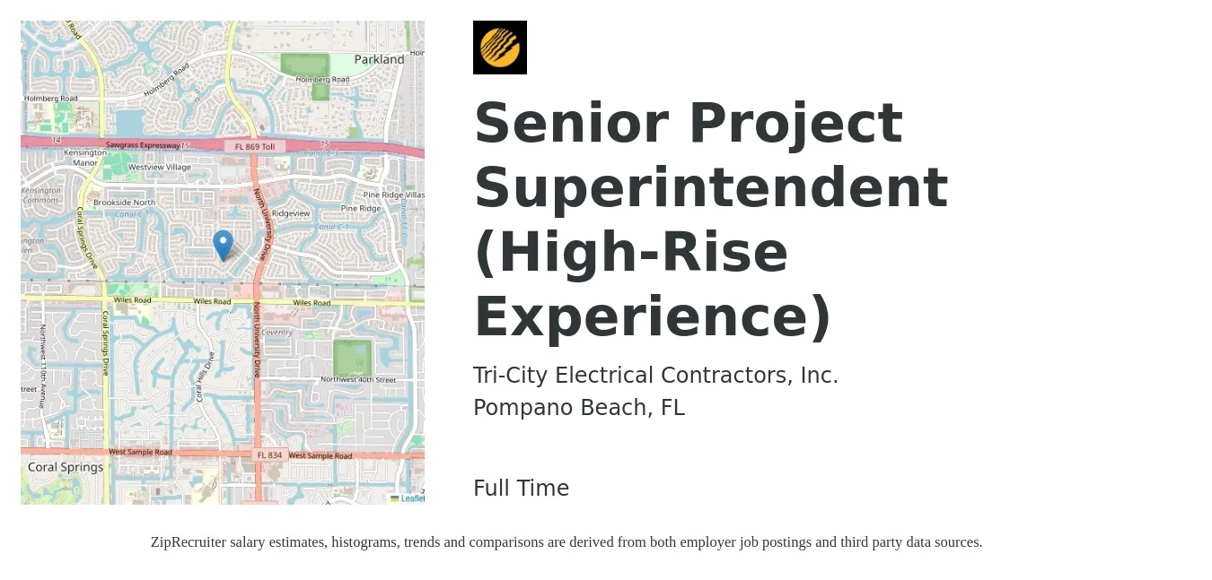 Tri-City Electrical Contractors, Inc. job posting for a Senior Project Superintendent (High-Rise Experience) in Pompano Beach, FL with a salary of $125,000 to $150,000 Yearly with a map of Pompano Beach location.