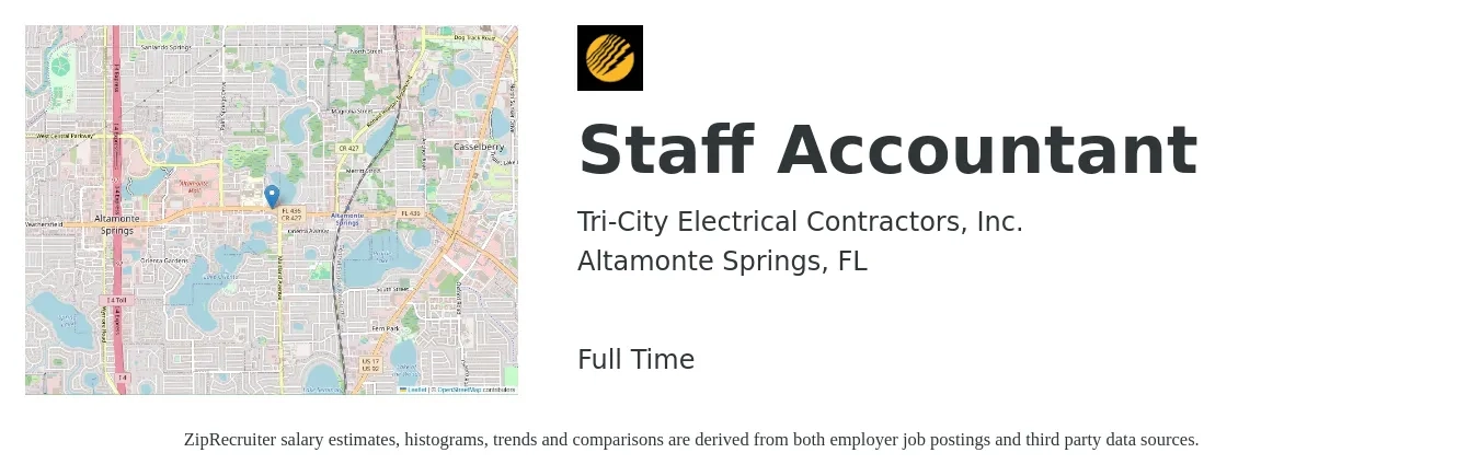 Tri-City Electrical Contractors, Inc. job posting for a Staff Accountant in Altamonte Springs, FL with a salary of $51,800 to $68,200 Yearly with a map of Altamonte Springs location.