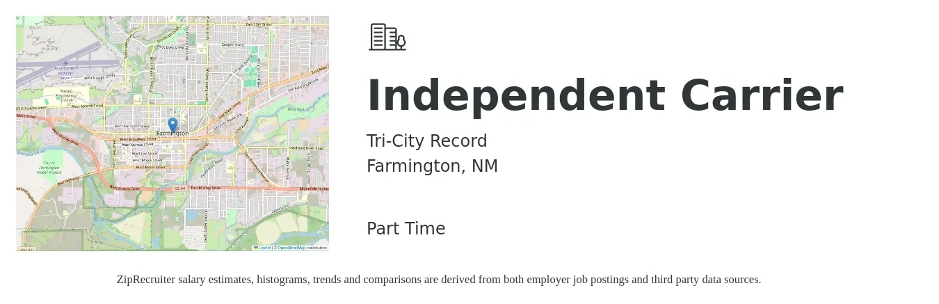 Tri-City Record job posting for a Independent Carrier in Farmington, NM with a salary of $670 to $1,120 Weekly with a map of Farmington location.