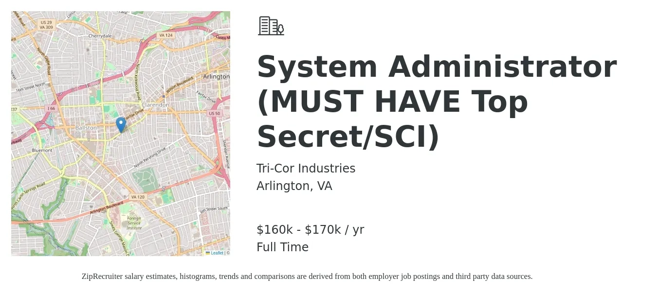Tri-Cor Industries job posting for a System Administrator (MUST HAVE Top Secret/SCI) in Arlington, VA with a salary of $160,000 to $170,000 Yearly with a map of Arlington location.