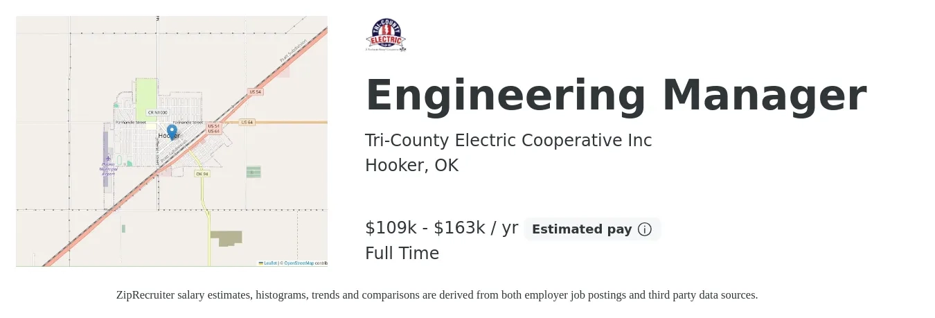 Tri-County Electric Cooperative Inc job posting for a Engineering Manager in Hooker, OK with a salary of $109,183 to $163,605 Yearly with a map of Hooker location.