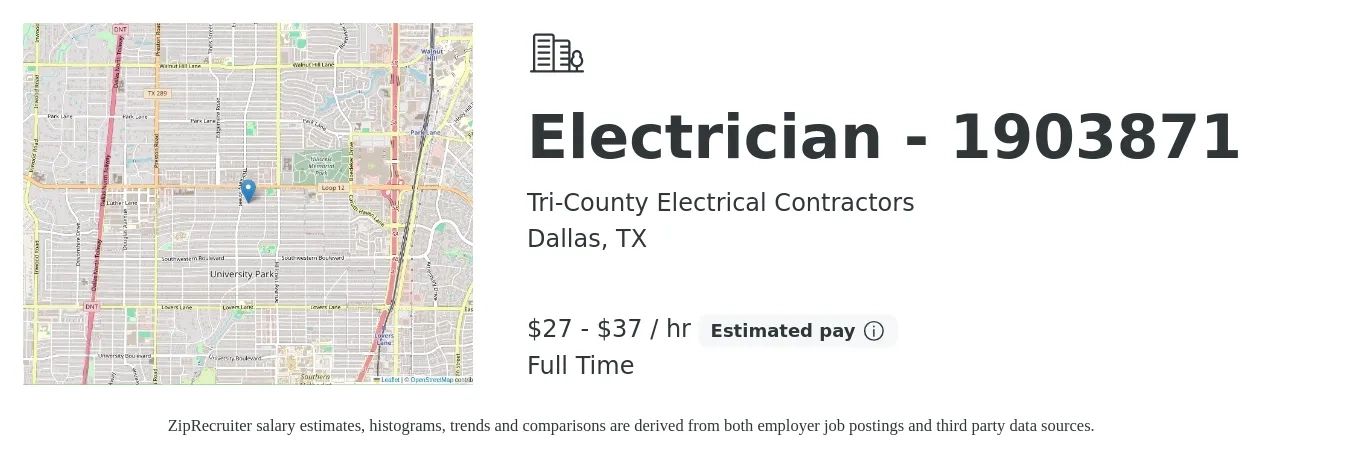 Tri-County Electrical Contractors job posting for a Electrician - 1903871 in Dallas, TX with a salary of $28 to $38 Hourly with a map of Dallas location.