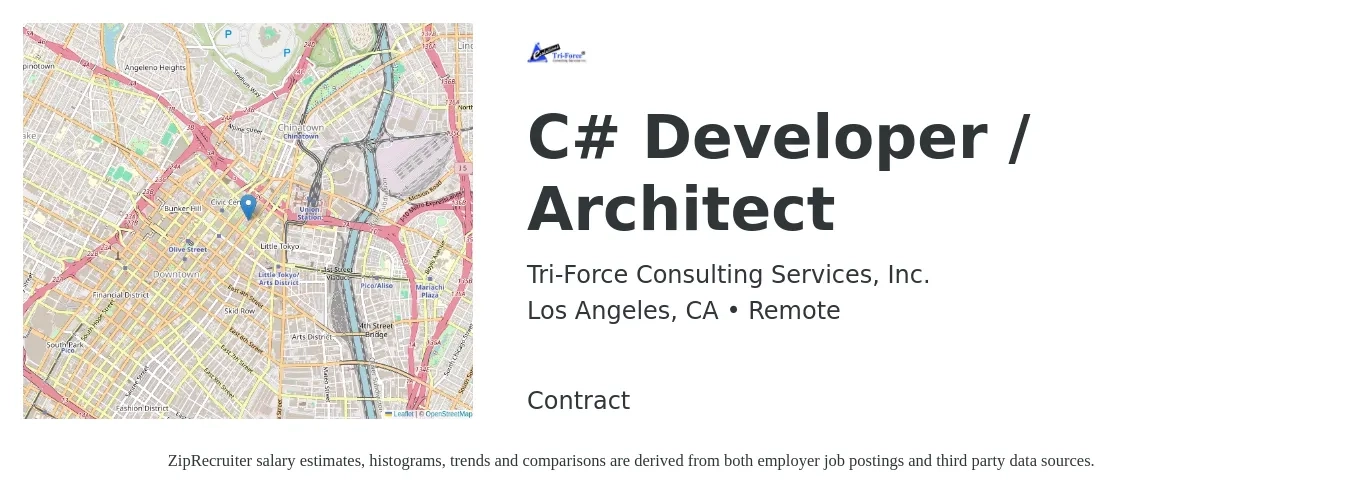 Tri-Force Consulting Services, Inc. job posting for a C# Developer / Architect in Los Angeles, CA with a salary of $152,500 to $220,900 Yearly with a map of Los Angeles location.
