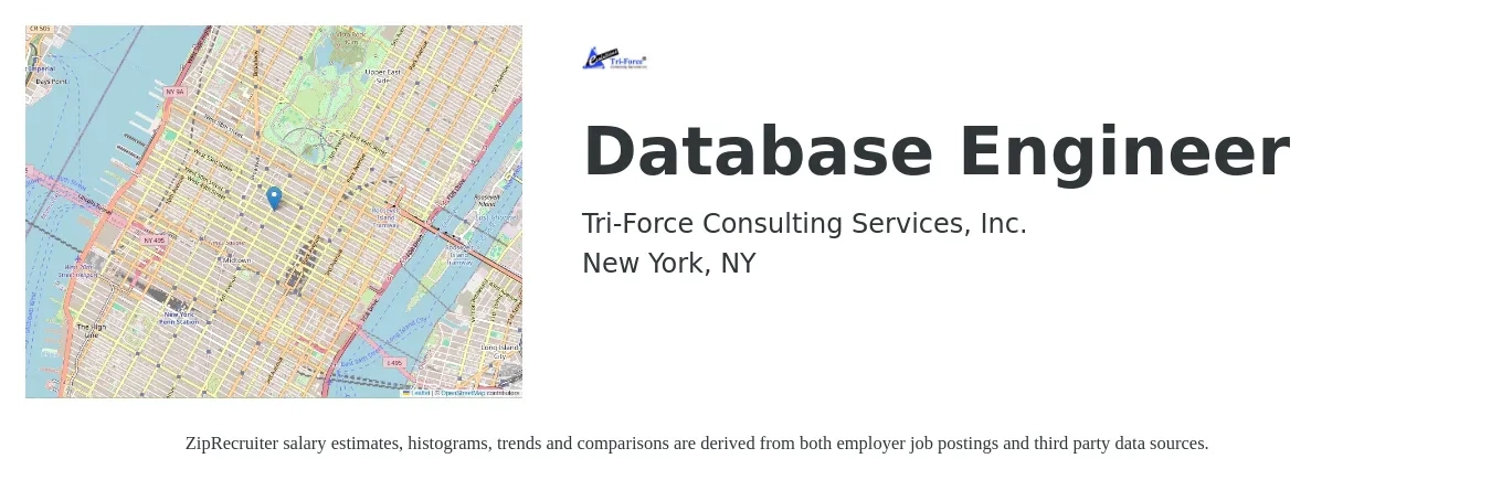 Tri-Force Consulting Services, Inc. job posting for a Database Engineer in New York, NY with a salary of $109,700 to $154,300 Yearly with a map of New York location.