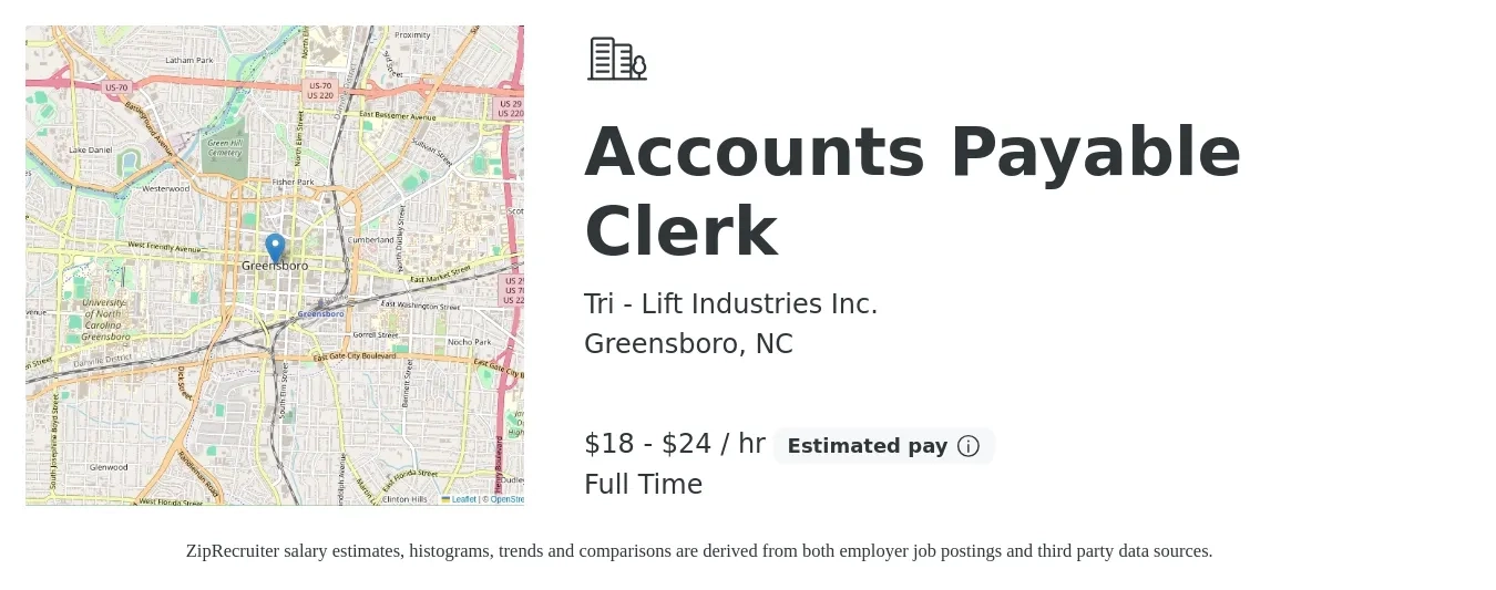 Tri - Lift Industries Inc. job posting for a Accounts Payable Clerk in Greensboro, NC with a salary of $19 to $25 Hourly with a map of Greensboro location.