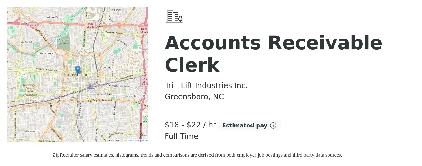Tri - Lift Industries Inc. job posting for a Accounts Receivable Clerk in Greensboro, NC with a salary of $19 to $23 Hourly with a map of Greensboro location.