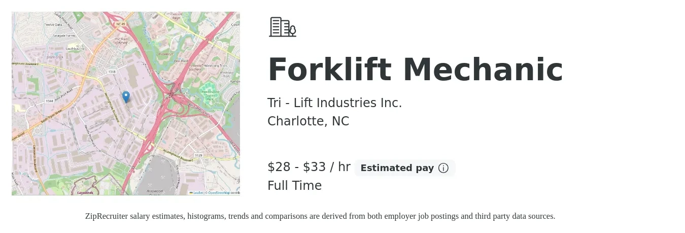 Tri - Lift Industries Inc. job posting for a Forklift Mechanic in Charlotte, NC with a salary of $30 to $35 Hourly with a map of Charlotte location.