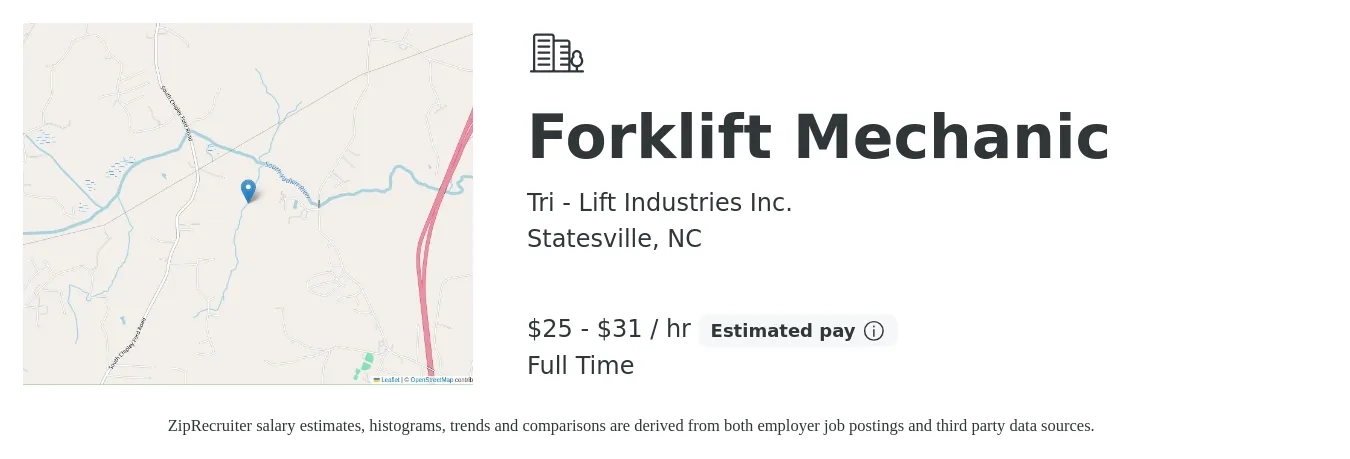 Tri - Lift Industries Inc. job posting for a Forklift Mechanic in Statesville, NC with a salary of $26 to $33 Hourly with a map of Statesville location.