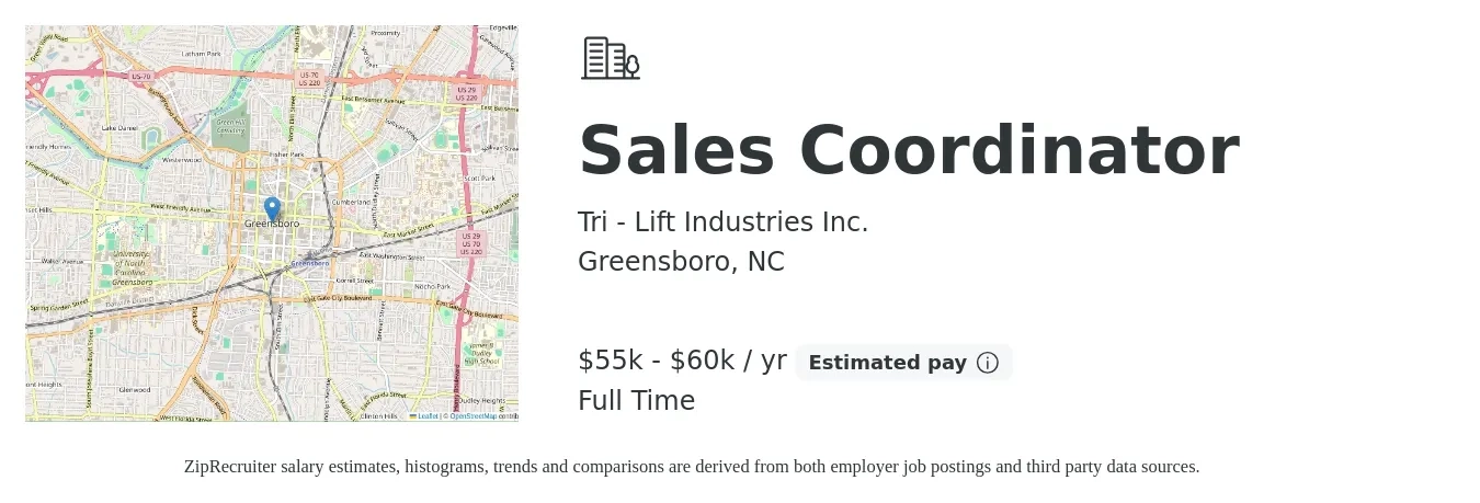Tri - Lift Industries Inc. job posting for a Sales Coordinator in Greensboro, NC with a salary of $55,000 to $60,000 Yearly with a map of Greensboro location.