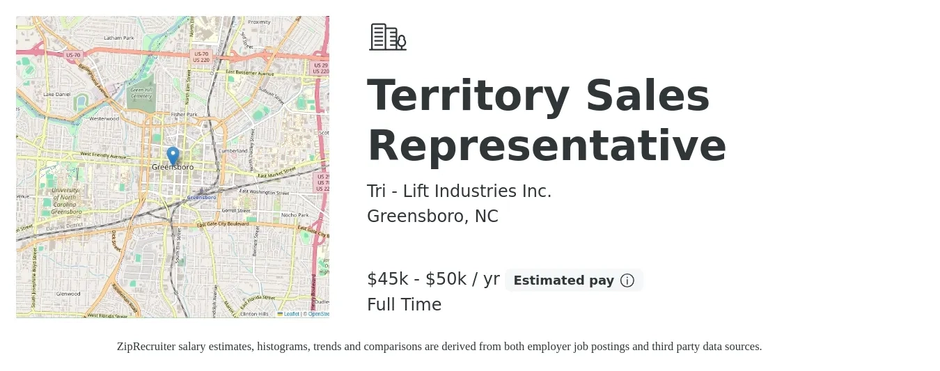 Tri - Lift Industries Inc. job posting for a Territory Sales Representative in Greensboro, NC with a salary of $45,000 to $50,000 Yearly with a map of Greensboro location.