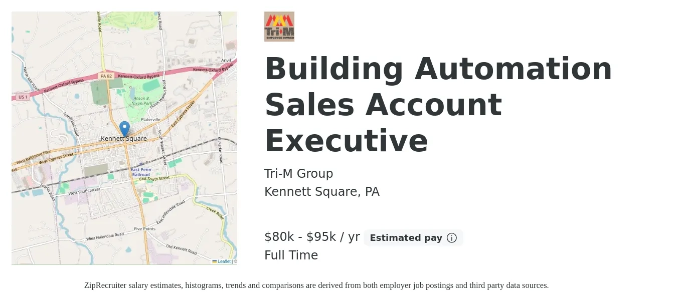 Tri-M Group job posting for a Building Automation Sales Account Executive in Kennett Square, PA with a salary of $80,000 to $95,000 Yearly with a map of Kennett Square location.