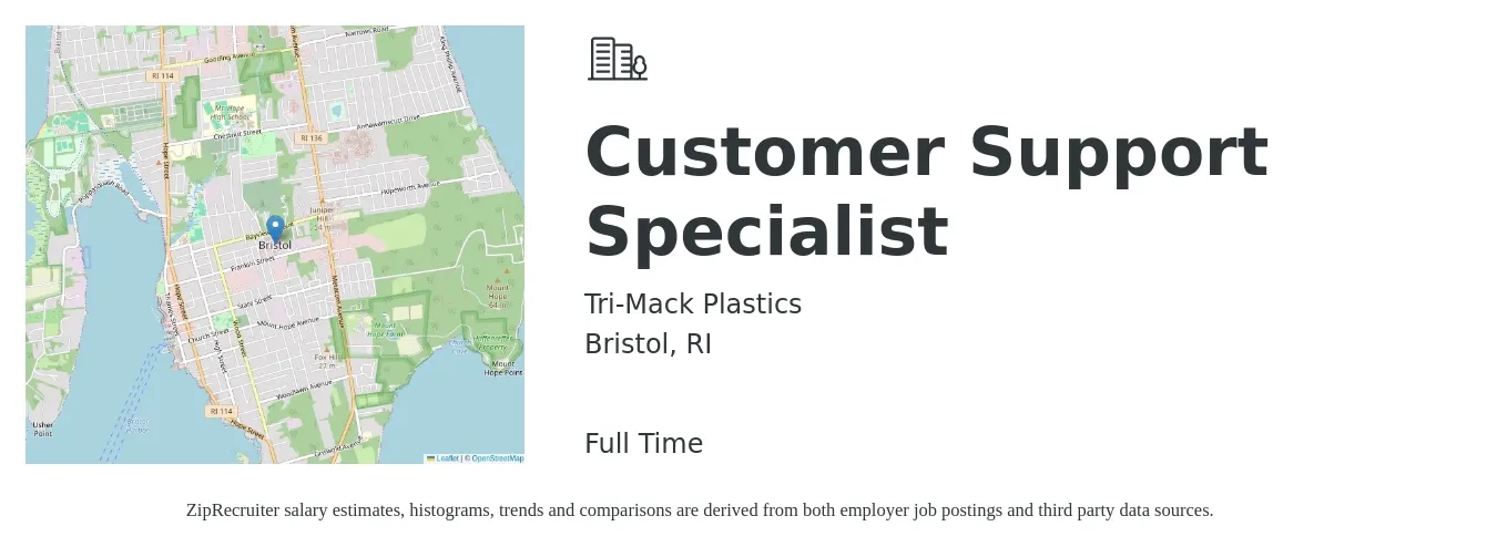 Tri-Mack Plastics job posting for a Customer Support Specialist in Bristol, RI with a salary of $19 to $25 Hourly with a map of Bristol location.