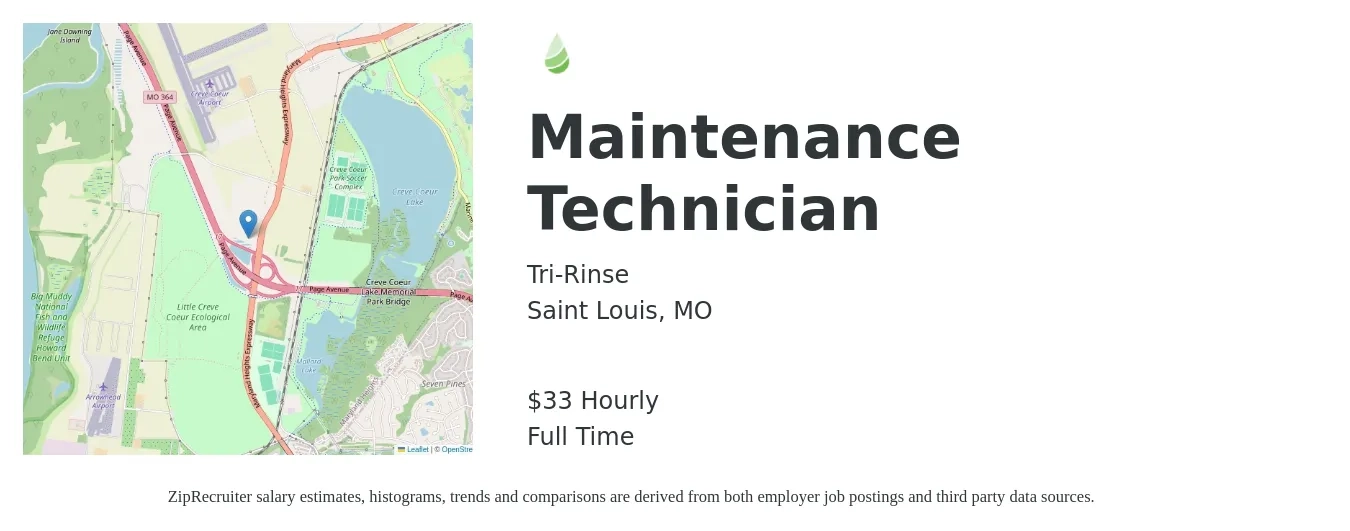 Tri-Rinse job posting for a Maintenance Technician in Saint Louis, MO with a salary of $35 Hourly with a map of Saint Louis location.