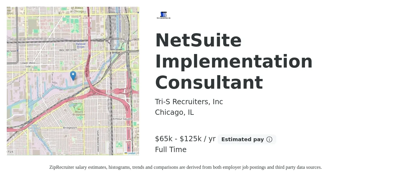 Tri-S Recruiters, Inc job posting for a NetSuite Implementation Consultant in Chicago, IL with a salary of $65,000 to $125,000 Yearly with a map of Chicago location.