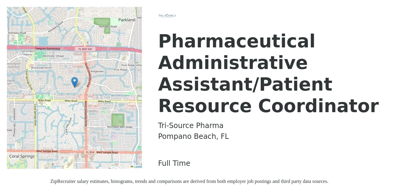 Tri-Source Pharma job posting for a Pharmaceutical Administrative Assistant/Patient Resource Coordinator in Pompano Beach, FL with a salary of $17 to $24 Hourly with a map of Pompano Beach location.