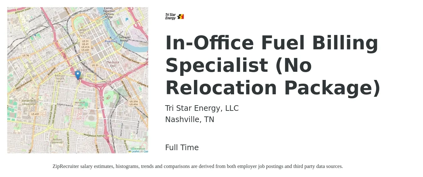 Tri Star Energy, LLC job posting for a In-Office Fuel Billing Specialist (No Relocation Package) in Nashville, TN with a salary of $18 to $25 Hourly with a map of Nashville location.