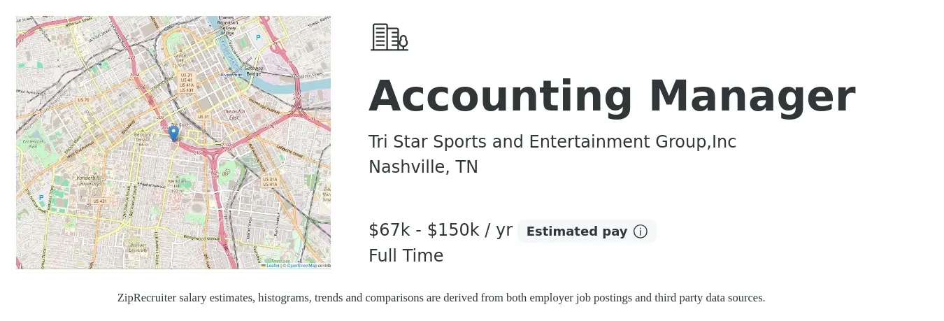 Tri Star Sports and Entertainment Group,Inc job posting for a Accounting Manager in Nashville, TN with a salary of $67,000 to $150,000 Yearly with a map of Nashville location.